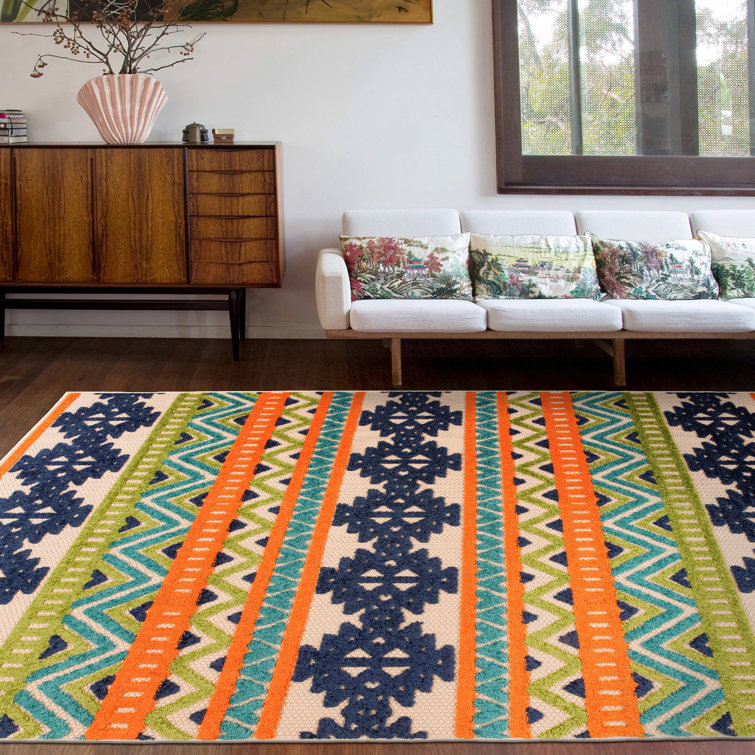 Steelside™ Heston Geometric Navy/Green/Orange Indoor / Outdoor Area Rug